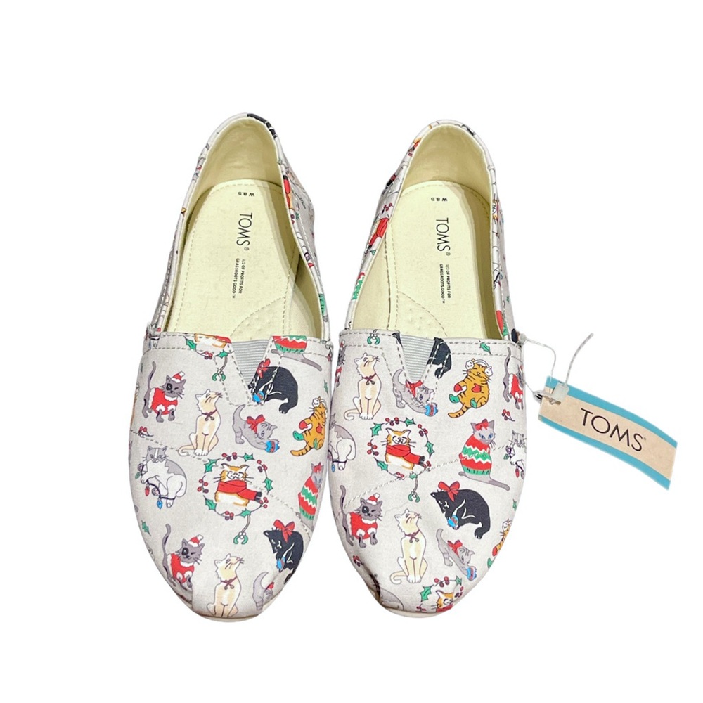 TOMS Christmas Cats Slip On Gray Belmont Shoes Holiday Espadrille Flats NWT - Picture 4 of 8